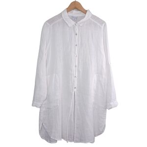 Pure Match 100% Linen Lagenlook Coastal Beachy Button Down Front Tunic Top